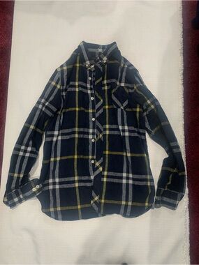 Black Plaid Button-Up Shirt with Yellow & White Checks